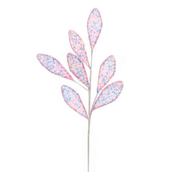 69cm light pink and iris glitter sequin leaf stem