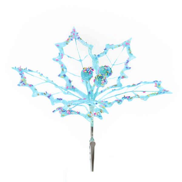 20cm blue glitter holly clip on flower