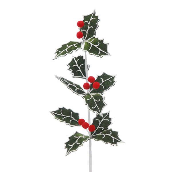 green holly and berries stem 47cm