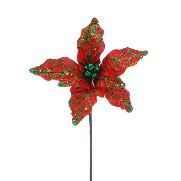 RED/GREEN SEQUIN POINSETTIA STEM 40CM