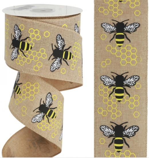 Wired Hessian Bee Ribbon 63mm x 10y
