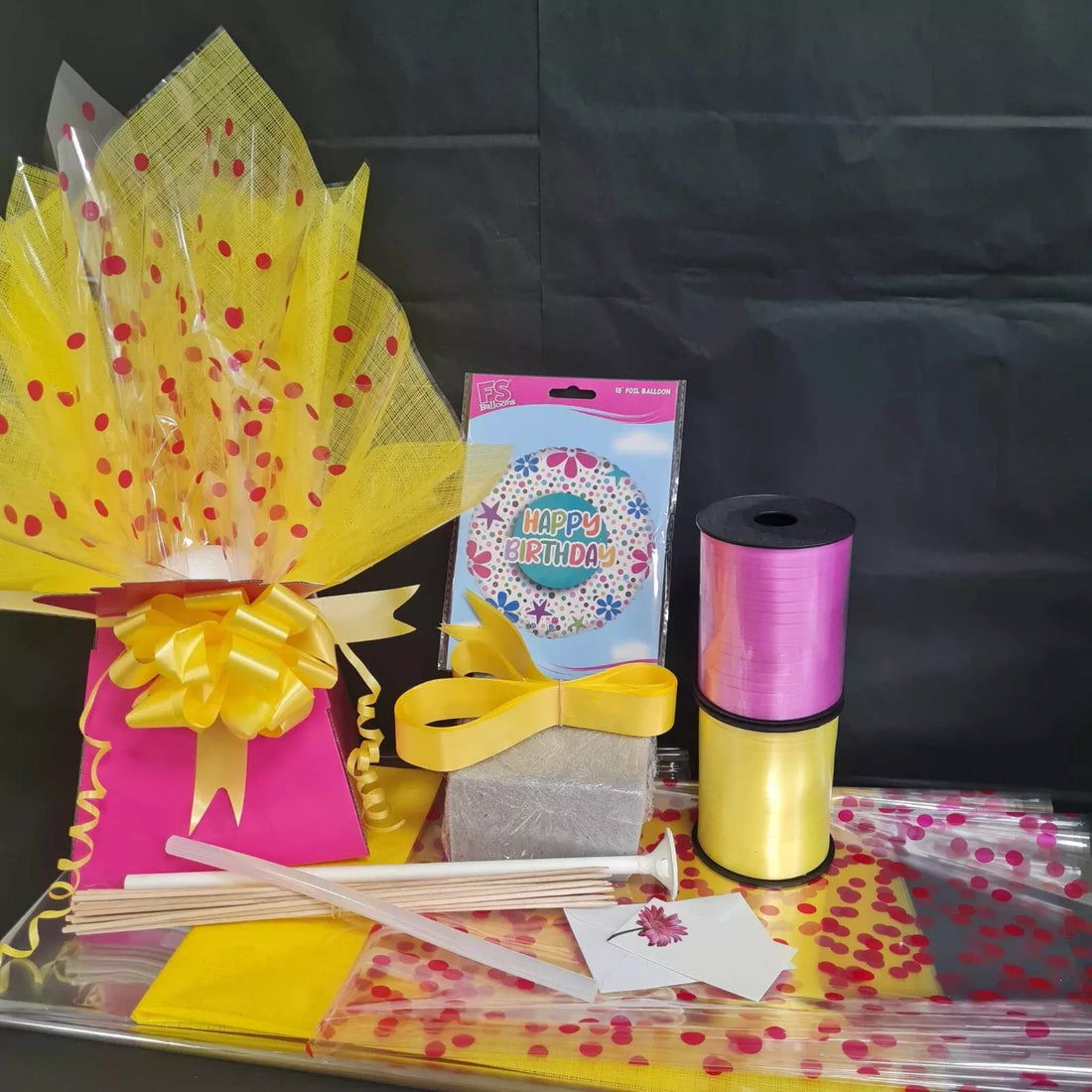 Fuchsia pink &amp; Yellow Chocolate bouquet kit with birthday balloon