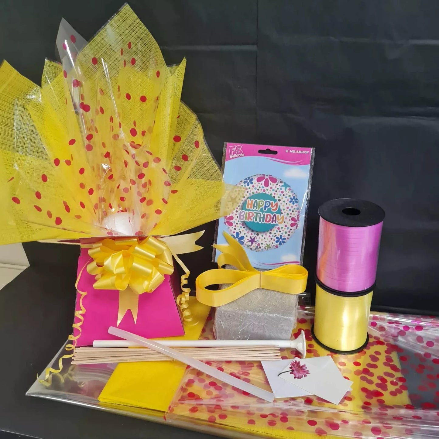 Fuchsia pink & Yellow Chocolate bouquet kit with birthday balloon