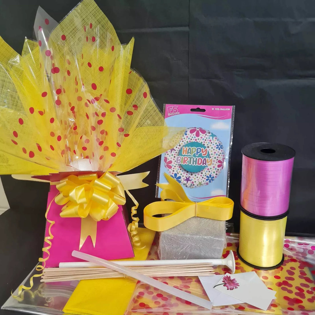 Fuchsia pink &amp; Yellow Chocolate bouquet kit with birthday balloon