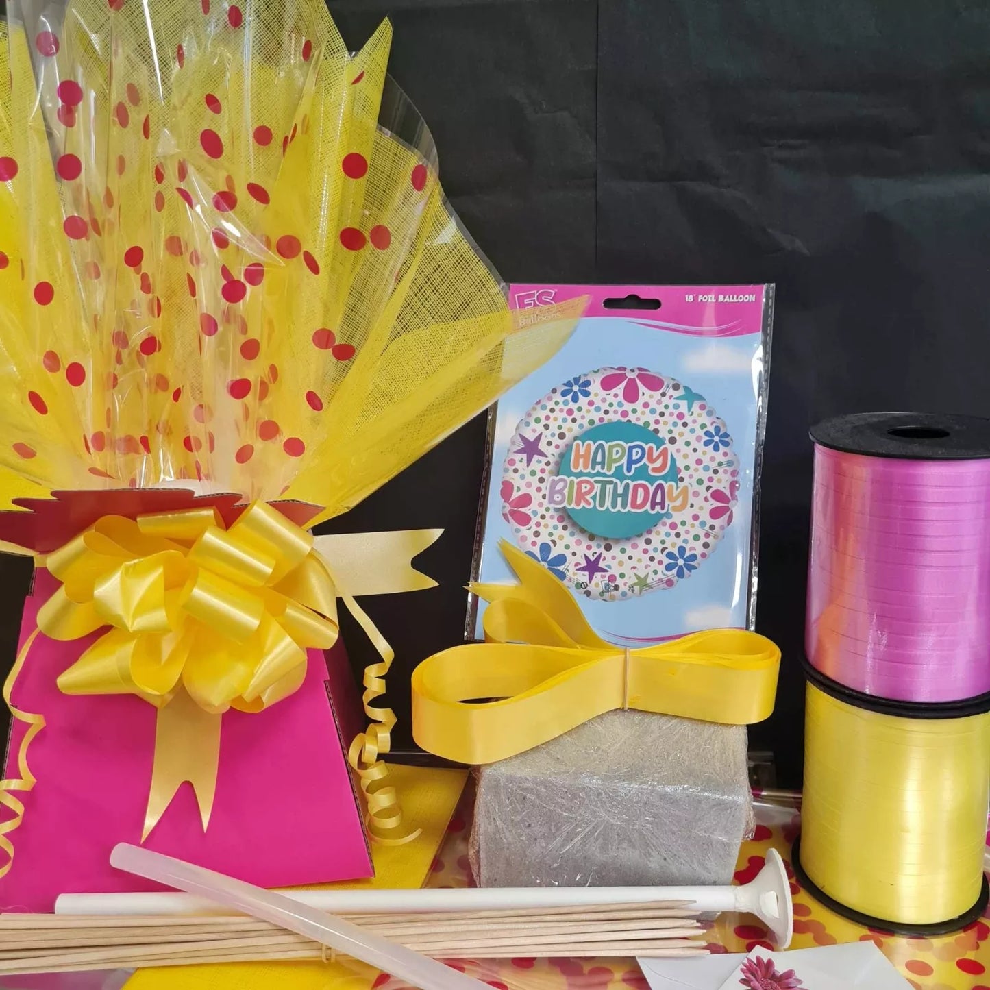 Fuchsia pink & Yellow Chocolate bouquet kit with birthday balloon